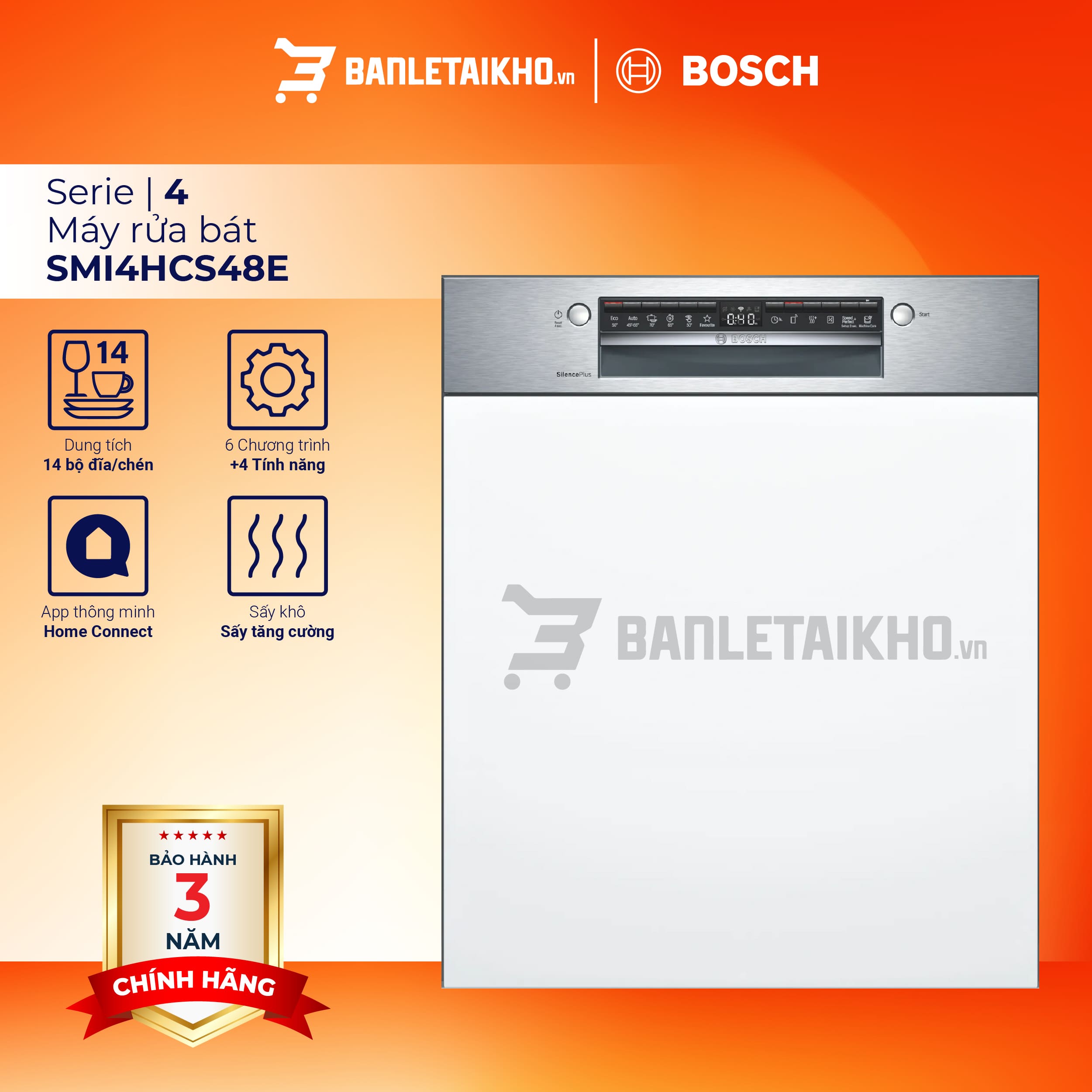 Máy rửa bát bán âm tủ Bosch SMI4HCS48E – Series 4
