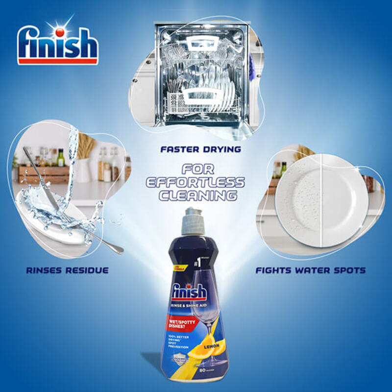Nước l&agrave;m b&oacute;ng Finish 800ml Lemon c&oacute; c&ocirc;ng thức 5 trong 1 mang lại hiệu quả to&agrave;n diện.