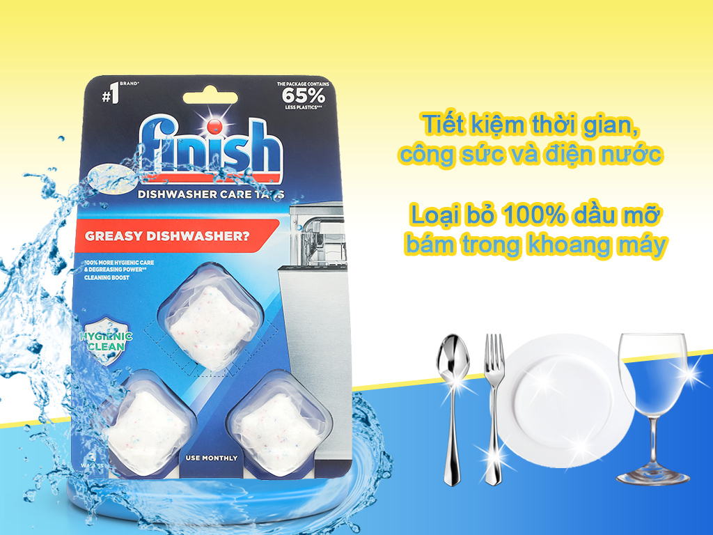 Vi&ecirc;n vệ sinh m&aacute;y rửa ch&eacute;n Finish - Vỉ 3 vi&ecirc;n gi&uacute;p loại bỏ cặn bẩn v&agrave; m&ugrave;i kh&oacute; chịu, duy tr&igrave; hiệu suất tối ưu v&agrave; k&eacute;o d&agrave;i tuổi thọ m&aacute;y 