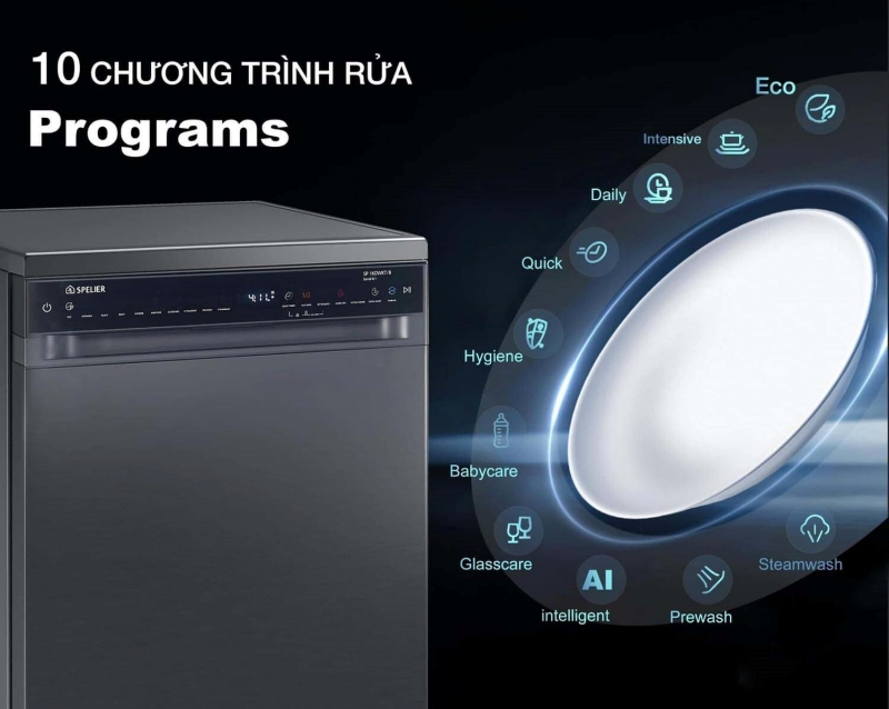 Với 10 chương trình rửa đa dạng Spelier SP 16DWKT/G đáp ứng mọi nhu cầu làm sạch