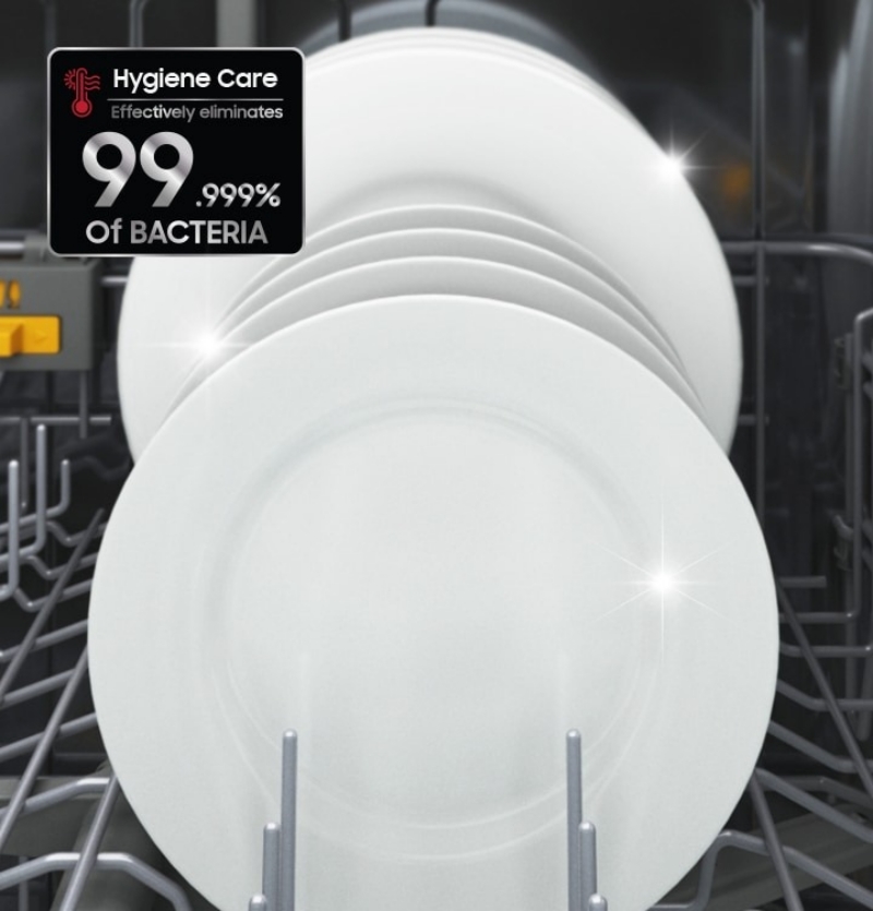 Chế độ Hygiene Care của Samsung Bespoke DW60CB750FAPSV loại bỏ đến 99,999% vi khuẩn gây 