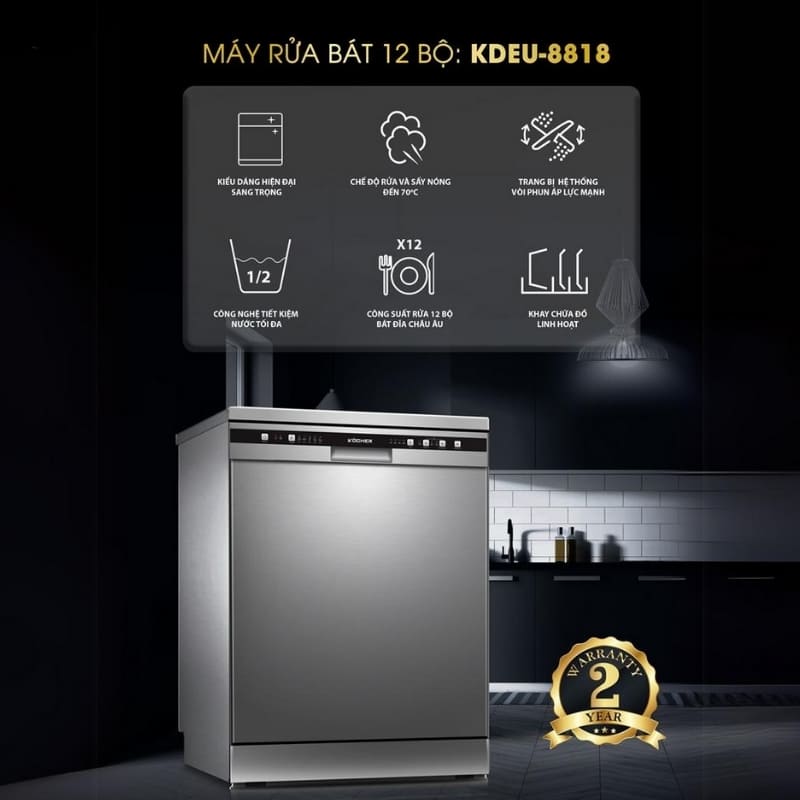Máy rửa bát Kocher KDEU-8818 có sức chứa lên đến 12 bộ bát đĩa châu Âu