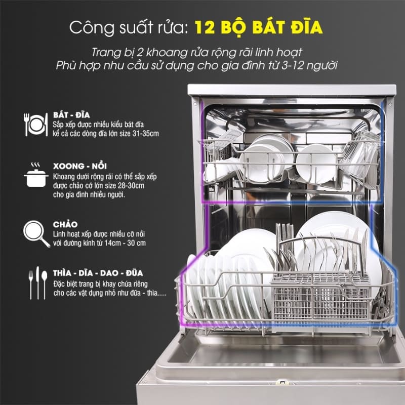 Khoang chứa bát đãi rộng rãi, được làm từ inox không gỉ 304 đảm bảo an toàn