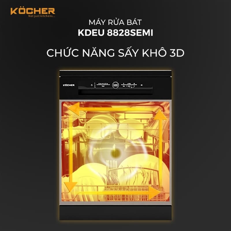 Máy rửa bát Kocher KDEU-8828SEMI sử dụng công nghệ sấy khô 3D diệt sạch mọi vi khuẩn