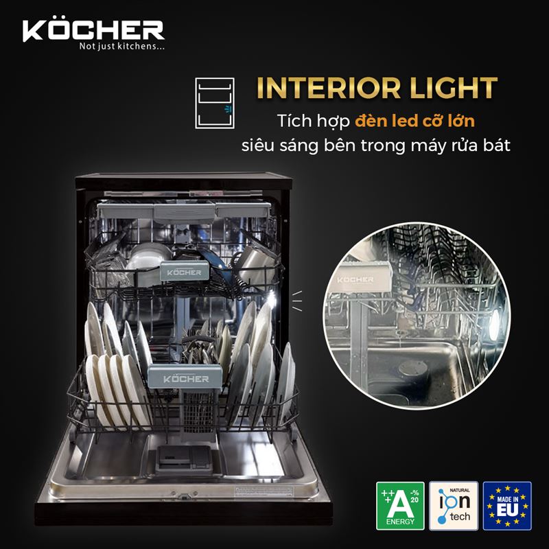 Máy rửa chén Kocher KDEU-8855S7 SERIES 7 có hệ thống đèn LED cỡ lớn giúp chiếu sáng toàn bộ khoang rửa