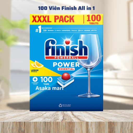 Viên rửa bát Finish Power Essential Lemon 100 viên có khả năng làm sạch mạnh mẽ, bảo vệ máy và an toàn cho sức khỏe