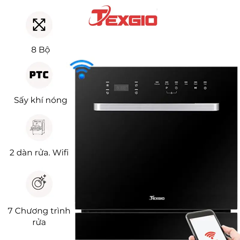 Máy rửa bát Texgio TGWF68GB tích hợp tính năng kết nối Wi-Fi cho phép điều khiển từ xa dễ dàng