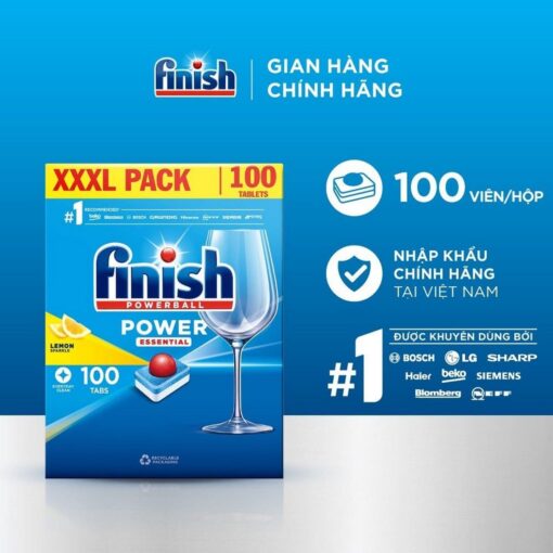 Viên rửa bát Finish Power Essential Lemon 100 viên giúp làm sạch sâu, chống đóng cặn và thân thiện môi trường