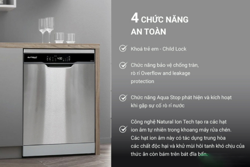 Máy rửa bát Spelier SP 16DWKT/G được trang bị các tính năng an toàn và thông minh
